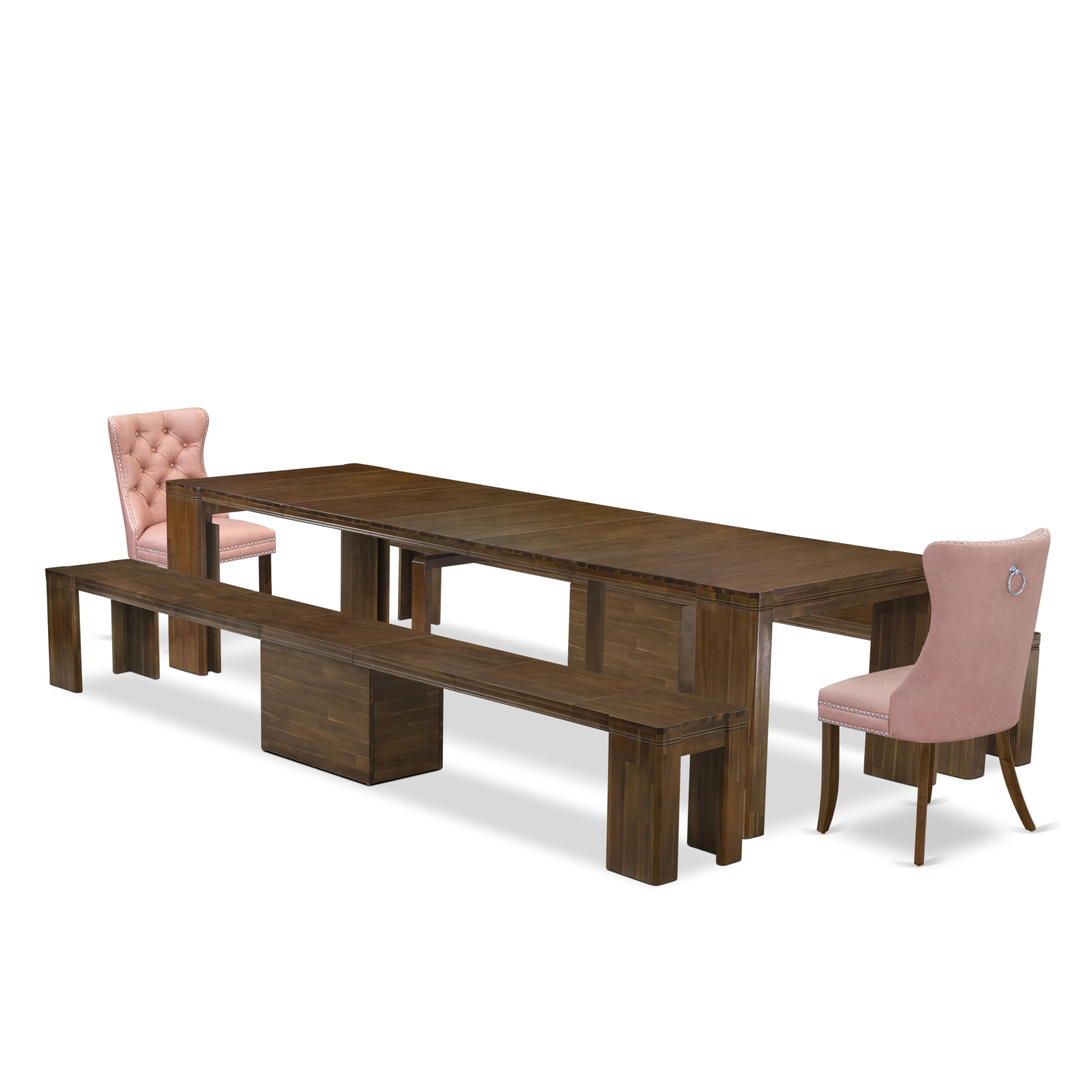 Luxe by East West Furniture X02DA-208-23-5 Pieces Extendable Dining Set Includes a Rectangle Xtenczar Table, 2 Beige Red Faux Leather Dining Chairs and 2 Modern Benches, Antique Walnut